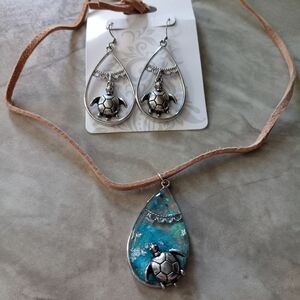 Silver and Blue Turtle Pendant Necklace and Earring Set
